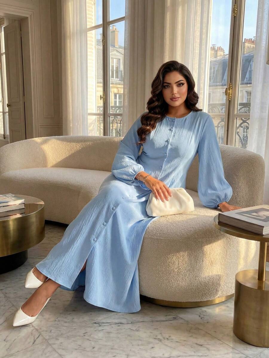 SHEIN Lady CURVE Plus Size Solid Color Lantern Sleeve Front Button Dress Evening Formal Birthday Light Blue Autumn Elegant Fall - Blue - View 1