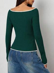 SHEIN Cottnline Fashionable Casual Ribbed Fitted Flare Sleeve Women Sweater - Dark Green - View 2