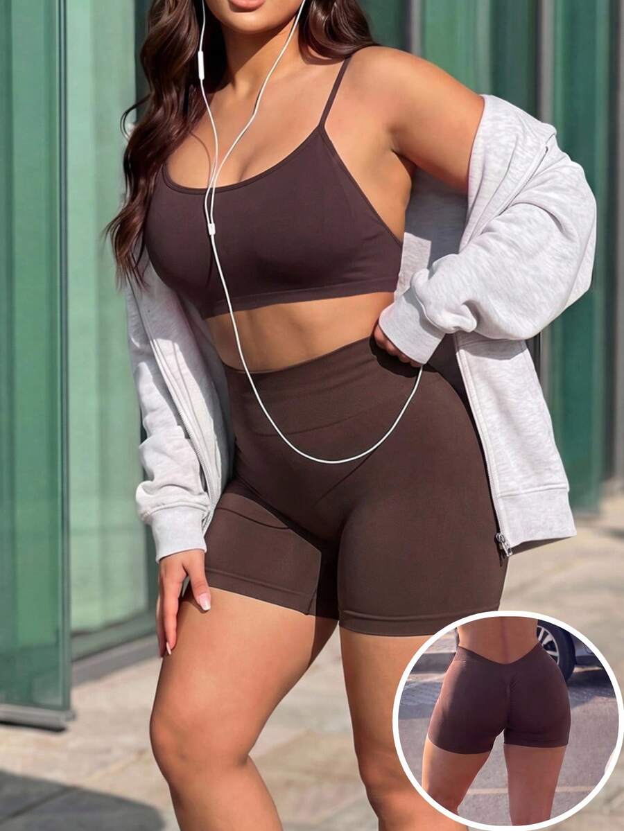 Dewbera Dewbera Women's Plus Size Solid Color Camisole Top And High Waist Shorts Casual Daily Sports Set - Coffee Brown - View 1