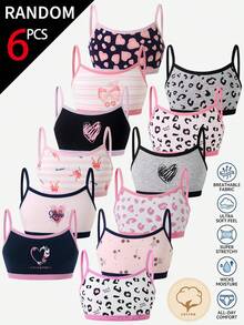 SHEIN Genkimix Kids 【6件隨機款】青少年女孩棉質內衣與抹胸背心，愛心豹紋條紋蝴蝶結蝴蝶冬季款 - 彩色 - 查看 1