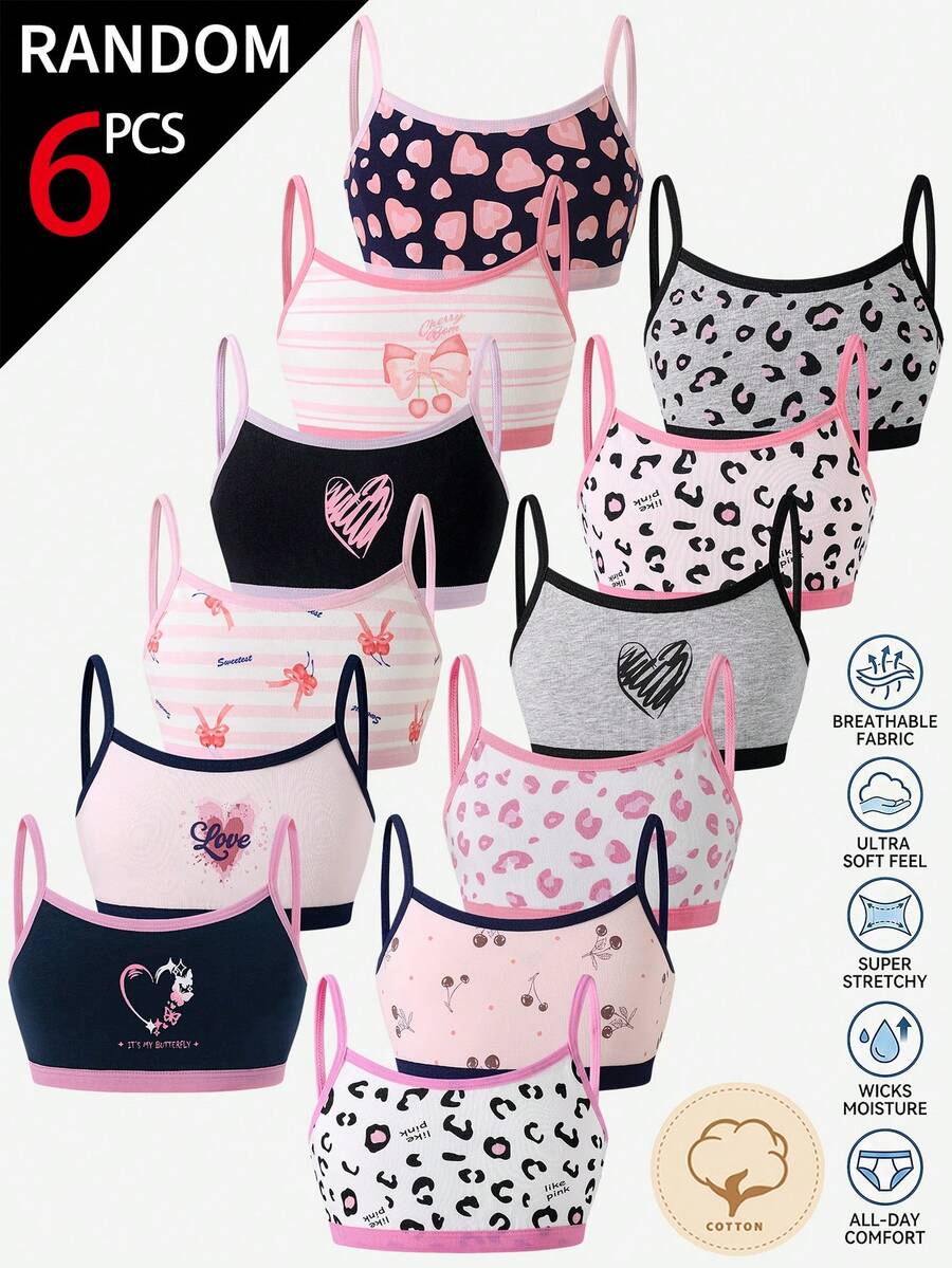 SHEIN Genkimix Kids 【6件隨機款】青少年女孩棉質內衣與抹胸背心,愛心豹紋條紋蝴蝶結蝴蝶冬季款 - 彩色 - 查看 1