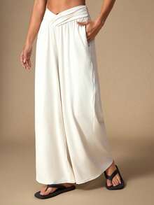 SHEIN Unity Women's Casual Versatile Loose Comfortable Solid Color Wide Leg Pants - Beige - View 6