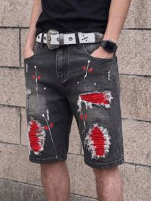 Manfinity LEGND Men's Casual Daily Travel Denim Shorts With Pocket, Button And Distressed Design - Black - View 4