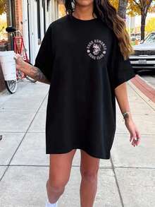 NostaNoir 女款休閒寬鬆 T-shirt，印有標語與骷髏圖案，街頭風，適合夏季與萬聖節 - 黑色 - 查看 13