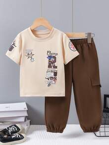Setelan Baju Anak Laki-Laki 2 Potong Musim Semi/Panas Motif Baru Kaos Lengan Pendek Hitam dengan Celana Panjang Cargo Model Tapered Setelan Kasual Serbaguna - Khaki - View 5