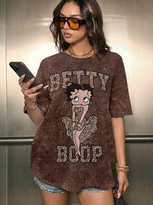 Betty Boop x SHEIN 女士休闲复古豹纹印花、字母和卡通人物图案圆领短袖T恤，夏季 - 白色 - 查看 1