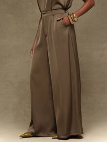 Vixey Matte Satin Wide Leg Trousers, Summer/Spring Work Office Pants, Desk To Dinner, Work To Weekend, Day To Night, Tailored Pants, Versatile Style - Brown - View 4