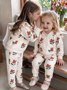 SHEIN Vintaside Kids Retro Floral Print Baseball Collar Zipper Ruffled Long Sleeve Top Pants Sweet Casual Sweatshirt Sets - Apricot - View 4