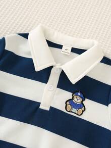 SHEIN Kids Young Boy Cartoon Bear Patch Striped Long Sleeve Polo Shirt - Multicolor - View 3