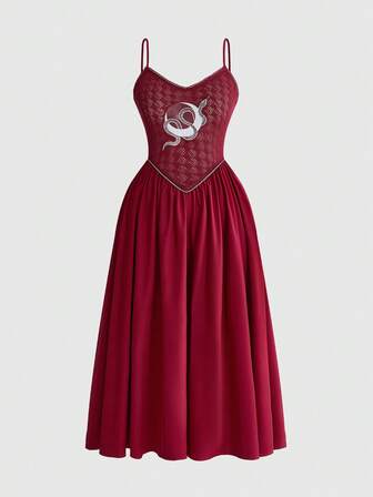 Goth Vestido Cami Sexy Plisado con Bordado de Luna & Serpiente para Mujer Talla Grande