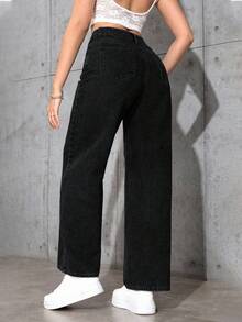 SHEIN ICON 休閒水洗直筒牛仔褲 - 黑色 - 查看 2