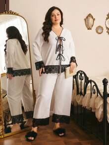 Côtesoire French Elegant Romantic Contrast Color Tie Bow Lace Patchwork Comfortable Special Woven Plus Size Pajama Set - Pink - View 3