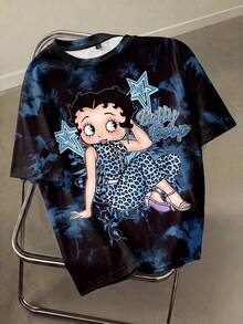 Betty Boop x SHEIN 女士圆领卡通字母印花休闲百搭日常短袖T恤 - 白色 - 查看 1