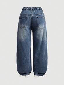 SHEIN MOD Plus Size Casual Washed Wide Leg Jeans - Dark Wash - View 2