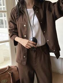 DAZY Women's Loose Waist Tie Denim Set Fall - Brown - View 3