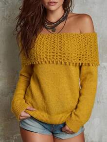 Freevana Plus Size Women's Off-Shoulder Long Sleeve Solid Color Fashion Sweater Fall - Yellow - View 2