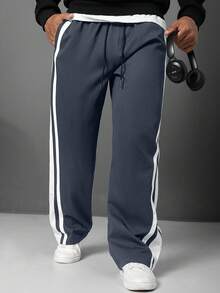 Manfinity Homme Pantalones rectos casuales y versátiles con cintura de cordón para hombres de talla grande para uso diario - Neblina azul - Ver 4
