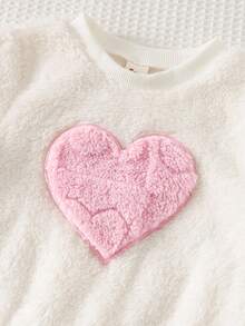 Cozy Pixies 2件組幼女服飾，舒適百搭時尚，日常可愛休閒極簡基本款，毛絨愛心圖案紋理，秋冬季節適用，適合多種場合，戶外滑雪、返校、運動、派對、假日，保暖套裝居家服 - 淺粉色 - 查看 5