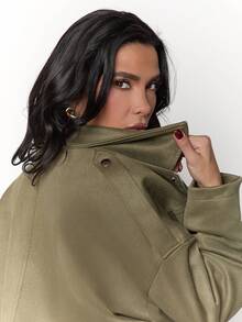 Dania Mndz Shop Women's Regular Faux Suede Long Sleeve Single Breasted Loose Casual Jacket, For Spring, Pocket Metal Button Short Military Green Suitable And Autumn - Army Green - View 2