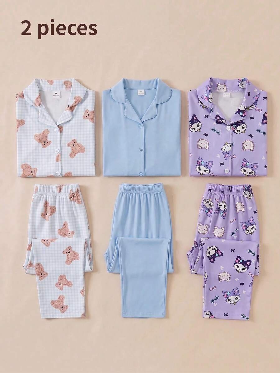 SHEIN 2件組少女休閒簡約可愛熊圖案長袖開襟衫與長褲居家服套裝 - 藍白色 - 查看 1