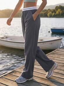 WanderVale Women's Woven Low-Stretch Solid Color Patchwork Waist Casual Long Pants - Dark Grey - View 5