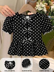 SHEIN LMoss Kids 少女休閒圓領短袖波點梭織套頭上衣 - 黑色 - 查看 6
