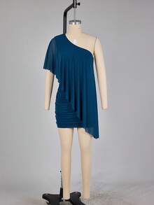 Aloruh Women's Solid Color One Shoulder Casual Party Mini Dress - Teal Blue - View 8
