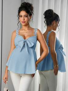 Momance Maternity Lace Camisole Top With Front Bow Tie, Back Tie, A-Line Ruffle Hem Blouse Babyshower Light Blue Summer Maternity - Blue - View 4