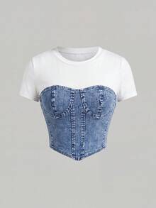 SHEIN MOD Atasan Denim Patchwork Blok Warna untuk Wanita - Light Wash - View 2