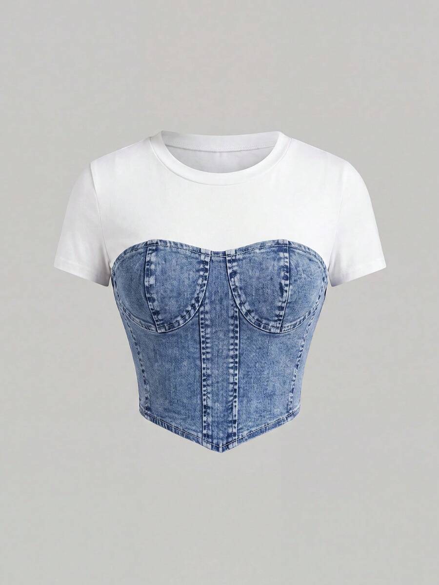SHEIN MOD Atasan Denim Patchwork Blok Warna untuk Wanita