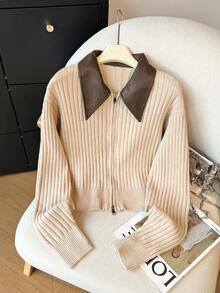 Muvela Cardigan tricoté court décontracté pour femme, vintage élégant, beige, patchwork, col, double fermeture éclair devant, automne/bureau, brunch, quotidien, rendez-vous, fête des enseignants - Kaki - Voir 4