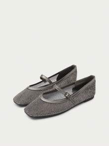 Nöista Black Mary Jane Ballet Flat Embellished With Tonal Rhinestones And A Delicate Strap, Combining Elegance With A Subtle Sparkle. Fall Shoes - Grey - View 2