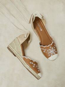 Styleloop Ladies, Rubber Band Cross Strap, Straw Rope, Sandals, High Heels. - Brown - View 3
