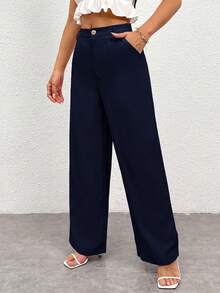 SHEIN PETITE 女款休閒鈕扣口袋寬鬆長褲，適合辦公與通勤 - Blue Power - 查看 4