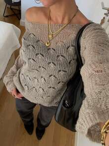Freevana Plus Size Women Solid Color Asymmetrical Shoulder Casual Traditional Bohemian Versatile Daily Knit Top Autumn Formal Vacation Wedding Guest Beige - Khaki - View 4
