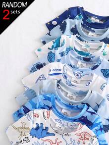 [8 Sets Randomly Send 2 Sets]Baby Boys Pajamas Cute Cartoon Print Short Sleeve Long Pants Knit Snug Fit Pajama Set - Multicolor - View 4