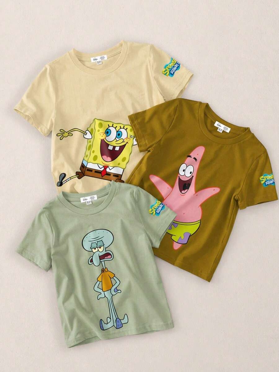 SpongeBob SquarePants | SHEIN 男童夏季休闲卡通图案短袖T恤 - 彩色 - 查看 1