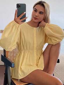 DAZY 女款圓領蝴蝶結寬鬆版型襯衫 - 黃色 - 查看 4