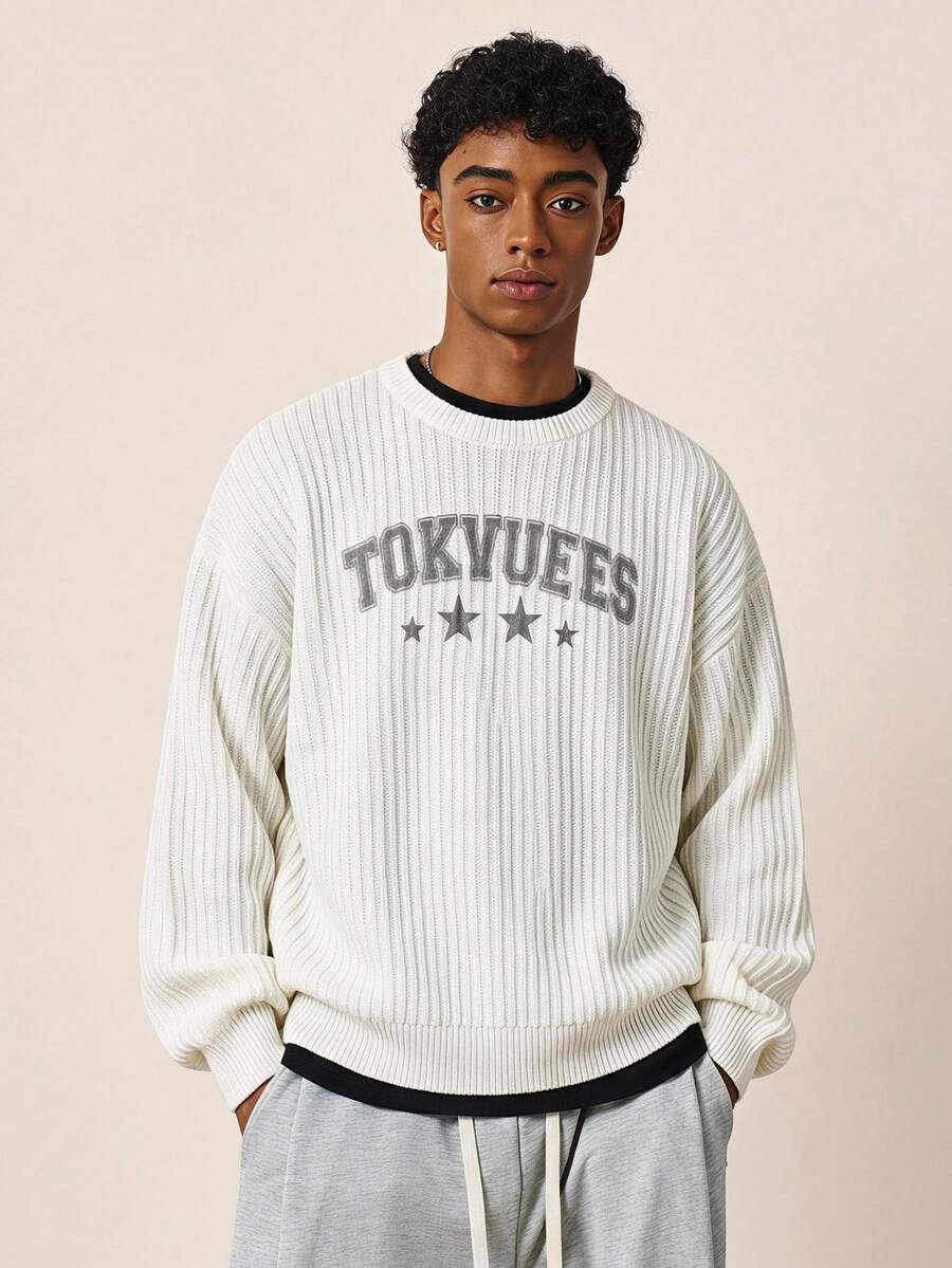 TOKVUE Men's Letter Print Crew Neck Knit Top - Apricot - View 1