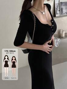 Dazy Tall Women's Square Neck 5-Sleeve Slim Fit Long Base Layer Dress - Black - View 1