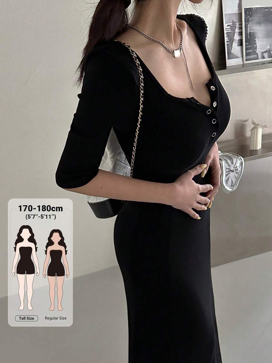 Dazy Tall Women's Square Neck 5-Sleeve Slim Fit Long Base Layer Dress - Black - View 1