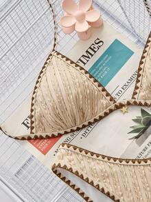 SHEIN Swim Set Pakaian Renang Dua Potong Wanita Musim Panas Motif Blok Warna untuk Pantai dengan Model Halter dan Bawahan Segitiga - Khaki - View 4