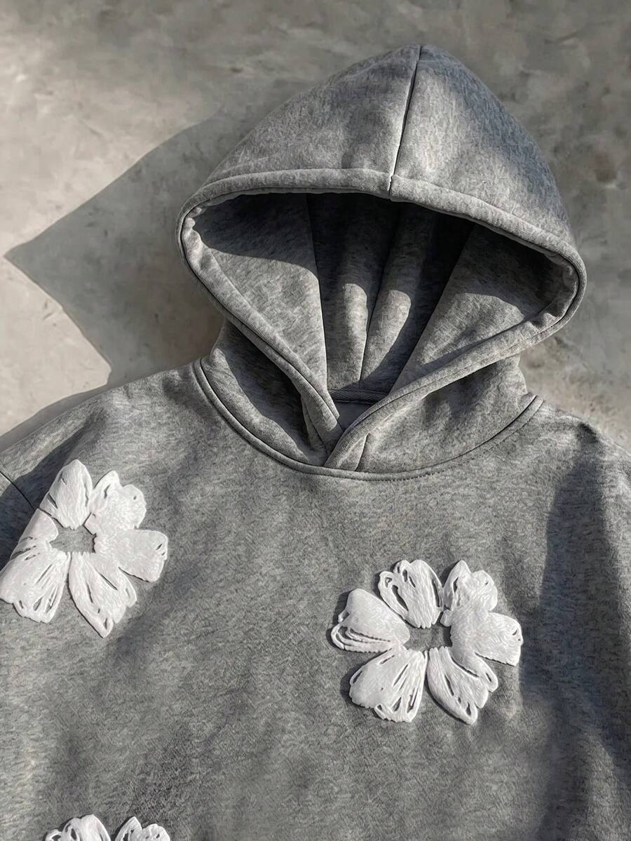 SWAVVY 男士春秋休閒寬鬆黑色連帽衛衣,滿版印花 - 淺灰色 - 查看 1