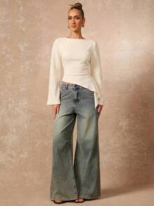 Lumalex Fall Women's Boat Neck Trumpet Sleeve Ruched Asymmetrical Ruffle Top Daily-To-Gala Versatility Quiet Luxury Meets Party Flair - Apricot - View 3