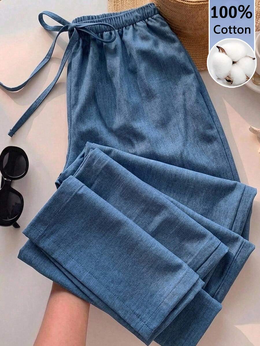 SHEIN EZwear 休閒簡約風棉織仿紋理藍色寬鬆女款長褲,適合春夏度假 - 藍色 - 查看 1