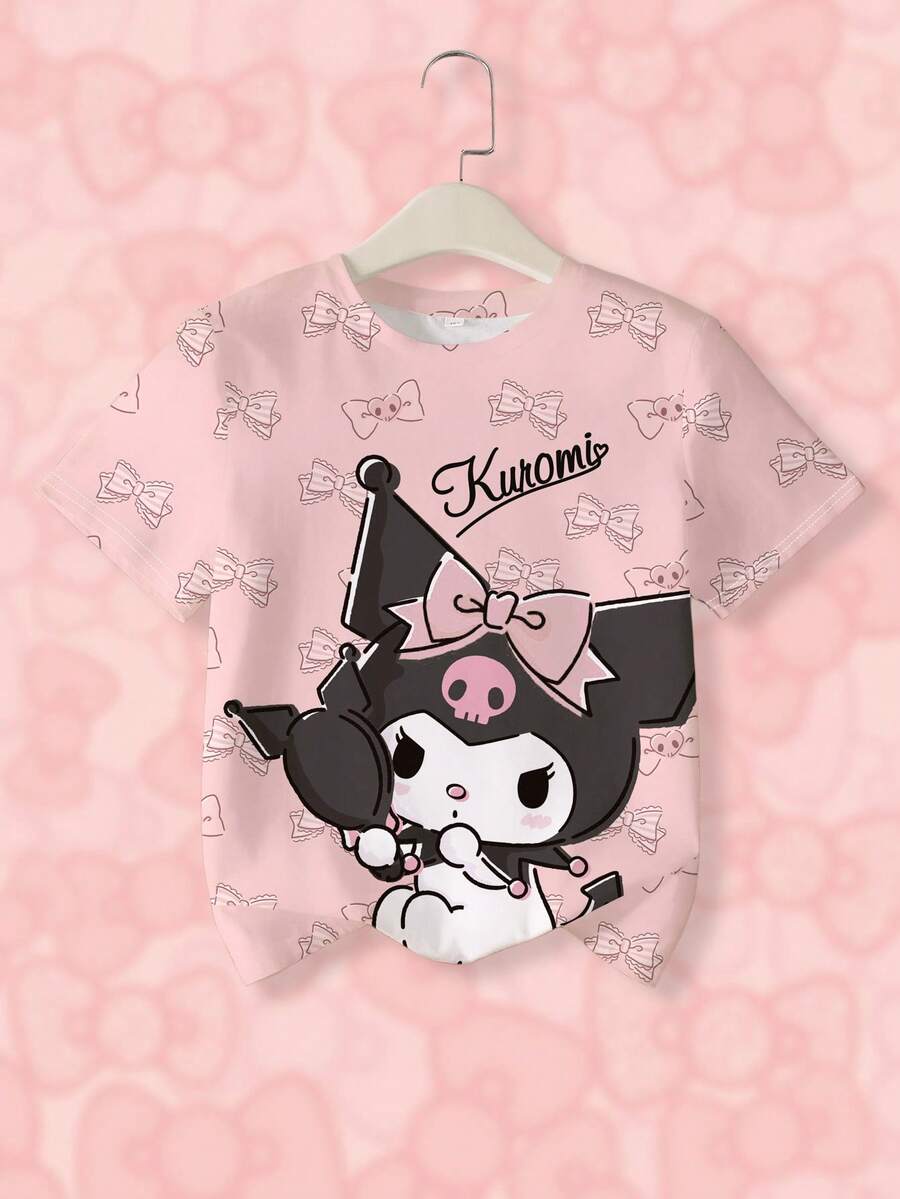 HELLO KITTY AND FRIENDS | SHEIN 少女字母與卡通圖案圓領短袖T恤 少女動漫印花休閒圓領短袖T恤 可愛風童裝上衣 - 白色 - 查看 1