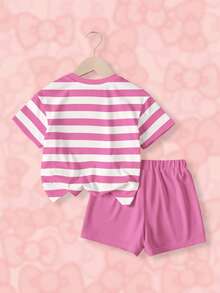 HELLO KITTY AND FRIENDS | SHEIN 女童条纹圆领短袖T恤和短裤休闲套装 - 白色 - 查看 2