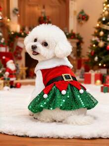 1pc Pet Christmas Dress Classic Clasp Christmas Tree Sequined Dogs And Cats Christmas Dress - Red - View 5