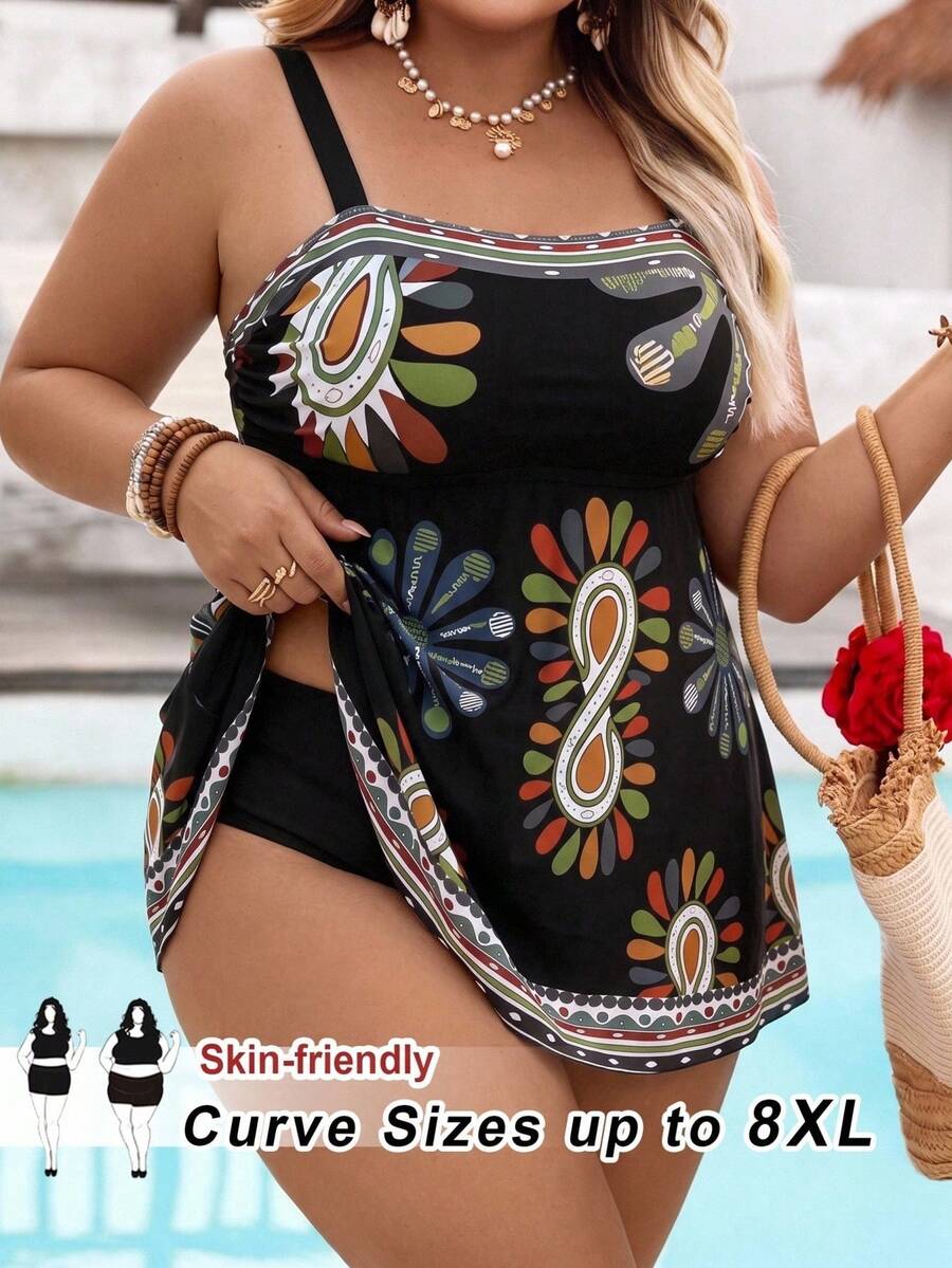 SHEIN CURVE+ Summerbeach Plus Size Women's Abstract Print High Waist Cami Ruffle Top And Bottom Bikini Set Beach Outfits Bathing Suits