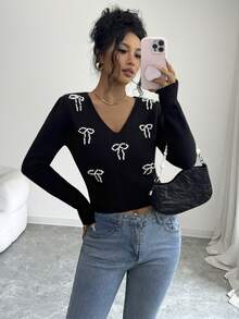 SHEIN Elenzya Sweater Rajut Motif Pita dan Manik-manik Musim Gugur/Dingin - Hitam - View 5